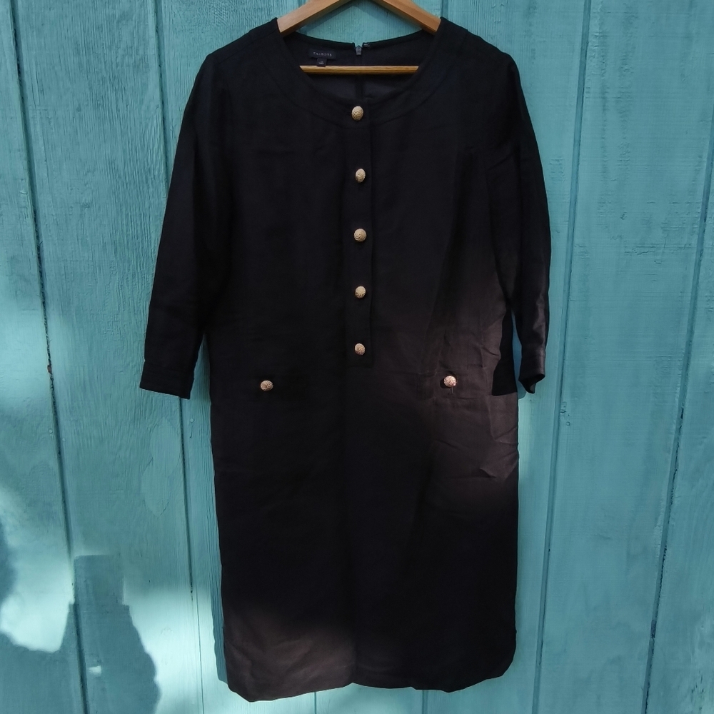 Talbots Linen Blend Gold Button Shift Dress sz 12 Black Preppy Nautical Chic